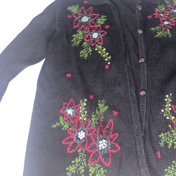 Draper’s and Damon’s cardigan Jacket Black Poinsettia Embroidered Sz M - Picture 2 of 8